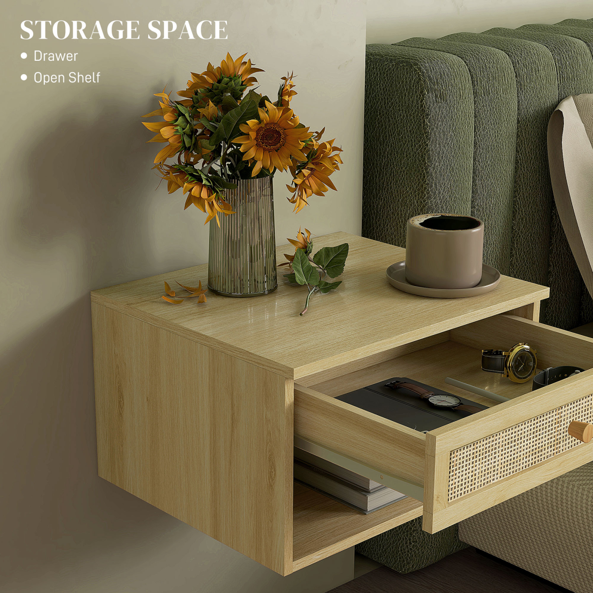HOMCOM Set of 2 Floating Bedside Tables with Rattan Drawer & Shelf