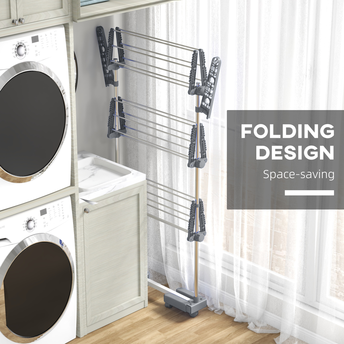 HOMCOM 3-Tier Folding Clothes Airer, Stainless Steel, Grey