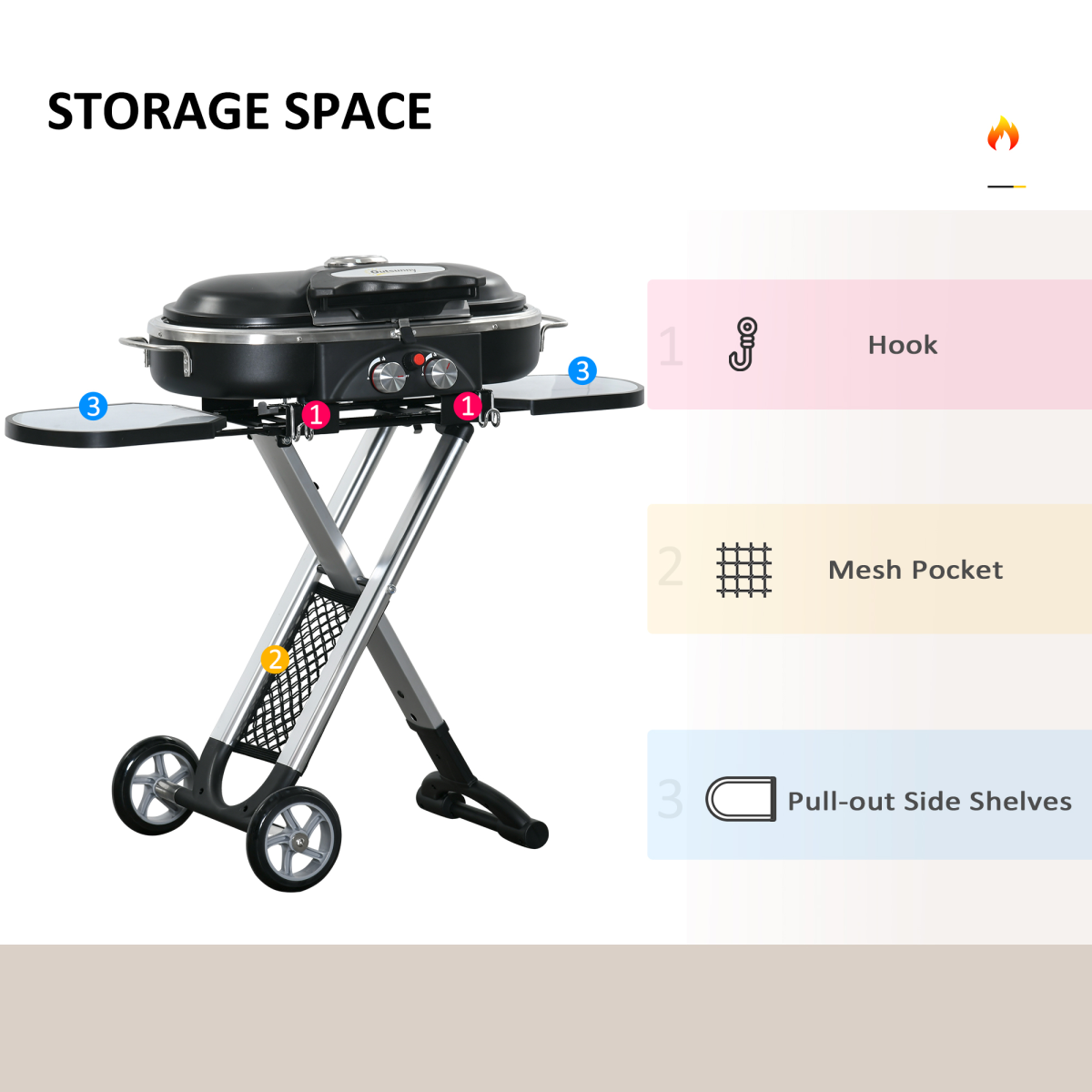 Outsunny Foldable 2 Burner Gas BBQ Grill Trolley with Side Shelves and Thermometer