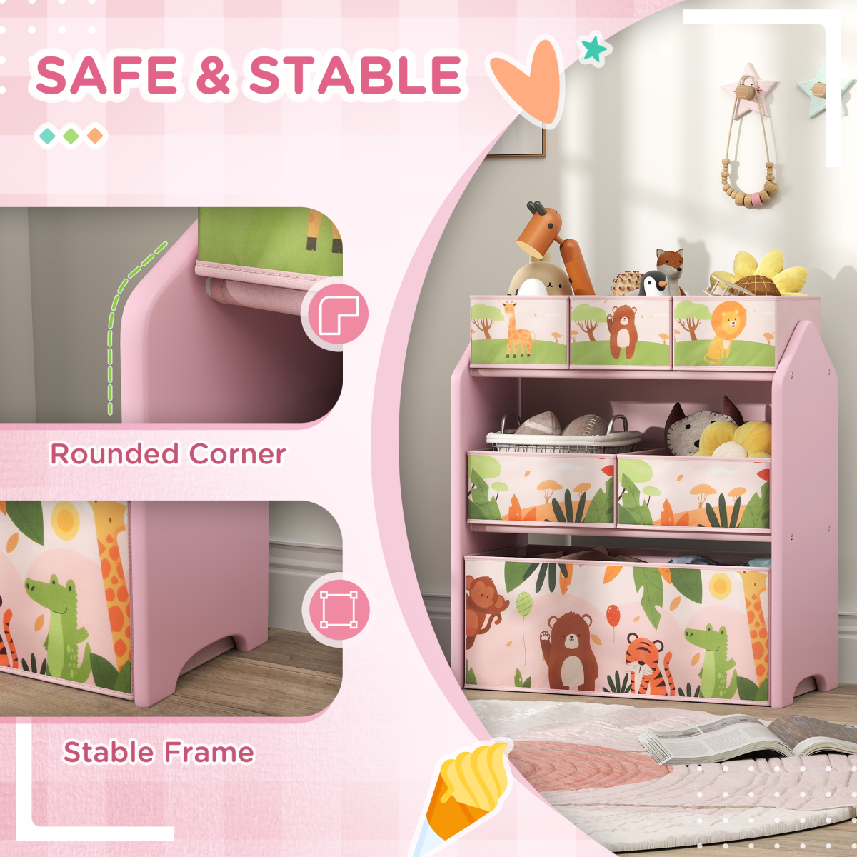 AIYAPLAY Kids 3-Tier Toy Storage Unit with 6 Removable Boxes, Pink