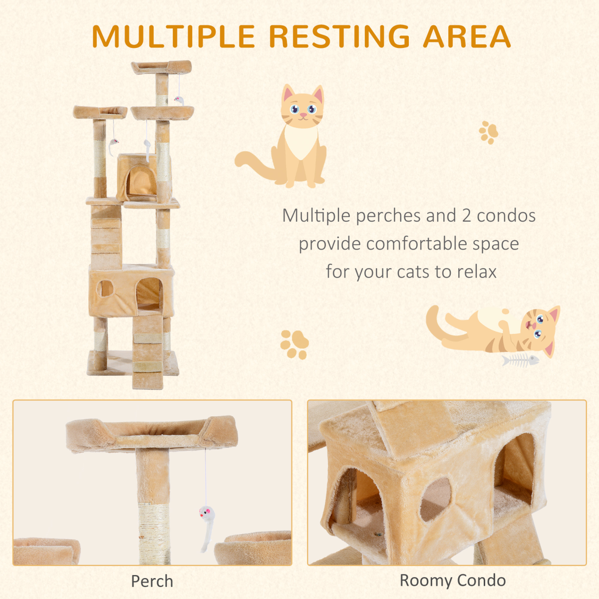 Pawhut 170CM Multi-Level Cat Tree Scratching Post with 3 Top Perches, 2 Condos, 2 Ladders and 3 Dangling Toys