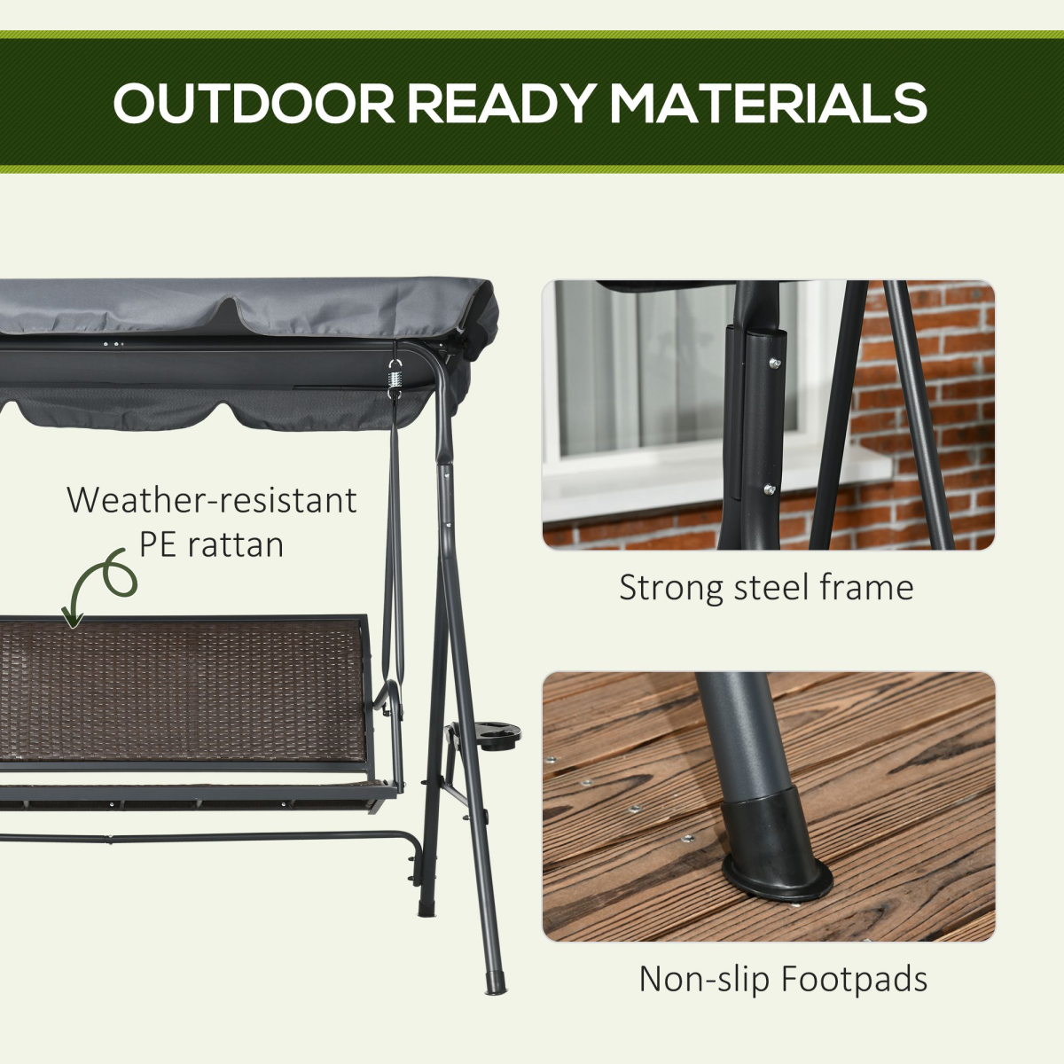 Outsunny 3 Seater Garden Swing Bench with Adjustable Canopy, Rattan Seat
