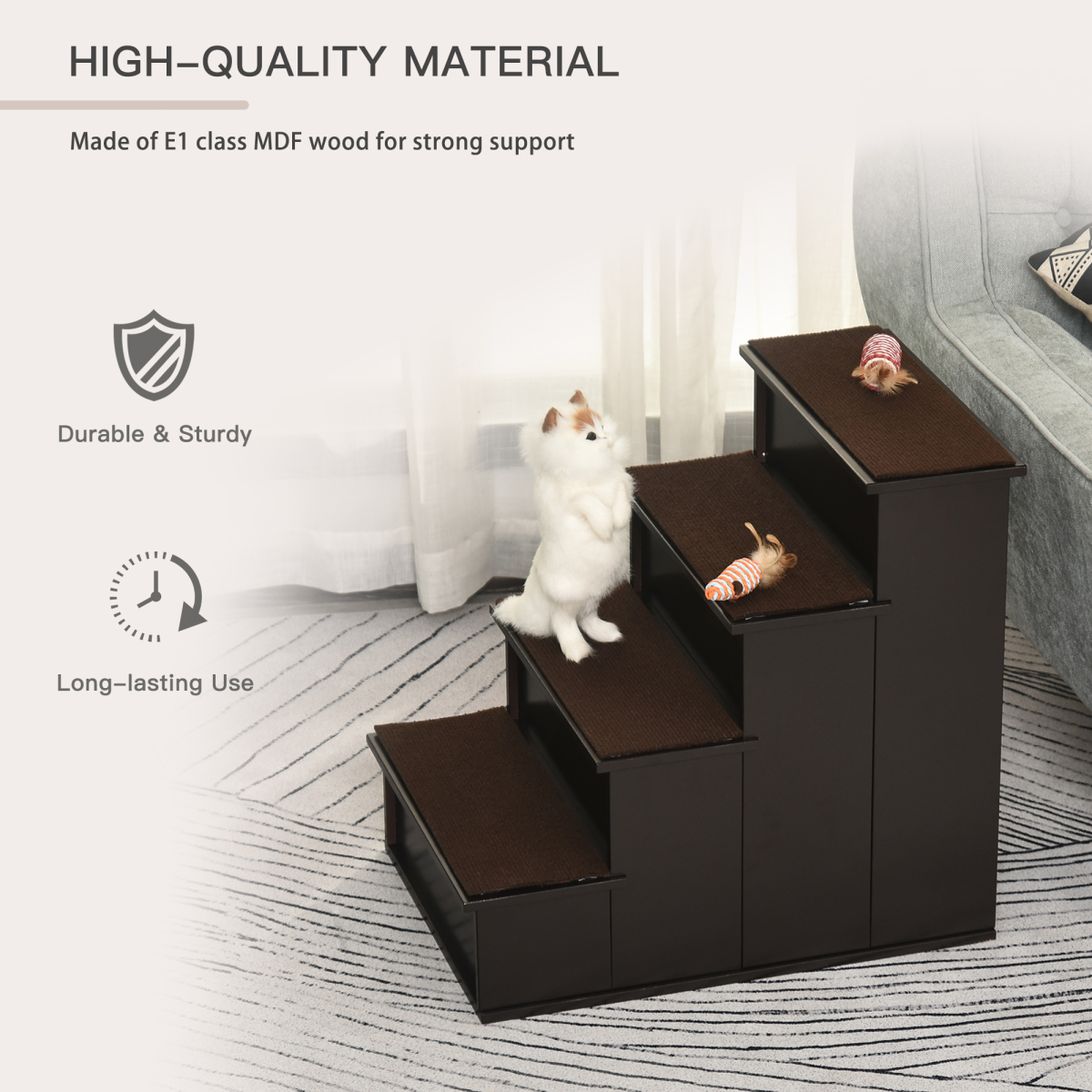 PawHut 4-Step Wooden Dog Stairs with Plush Cushion for Bed