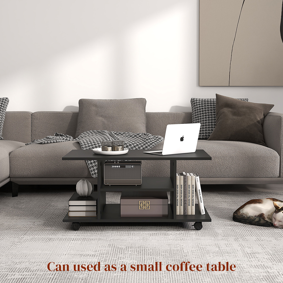 HOMCOM Black Mobile TV Stand with 3-Tier Storage Shelves and Lockable Castor Wheels