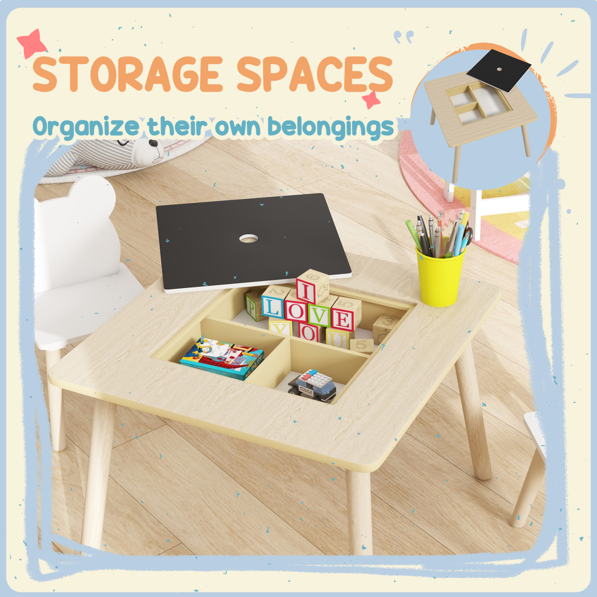 AIYAPLAY 3-Piece Toddler Table and 2 Bear Chairs with Storage