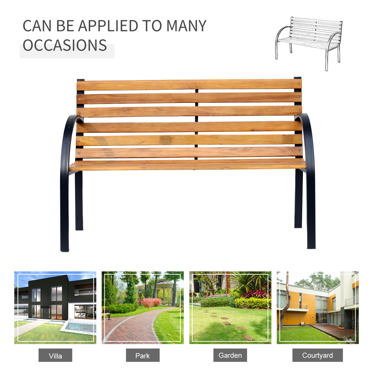 Outsunny Garden Bench, 2-Seater Steel and Hardwood, 122 x 60 x 80 cm