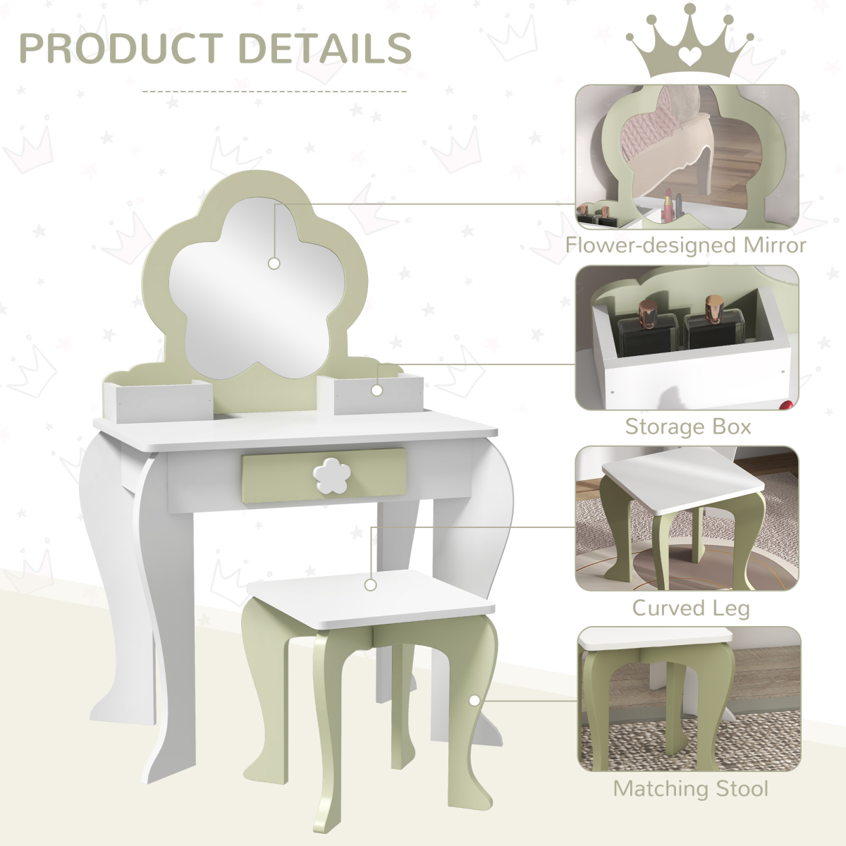 ZONEKIZ Kids Vanity Table Set with Stool, Mirror, Flower Design, White