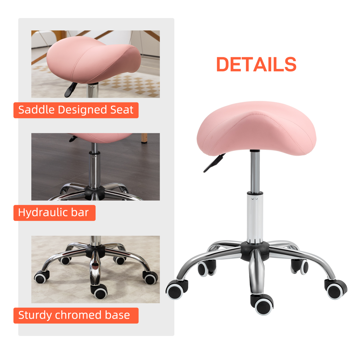 HOMCOM Pink PU Leather Saddle Stool with Padded Adjustable Seat