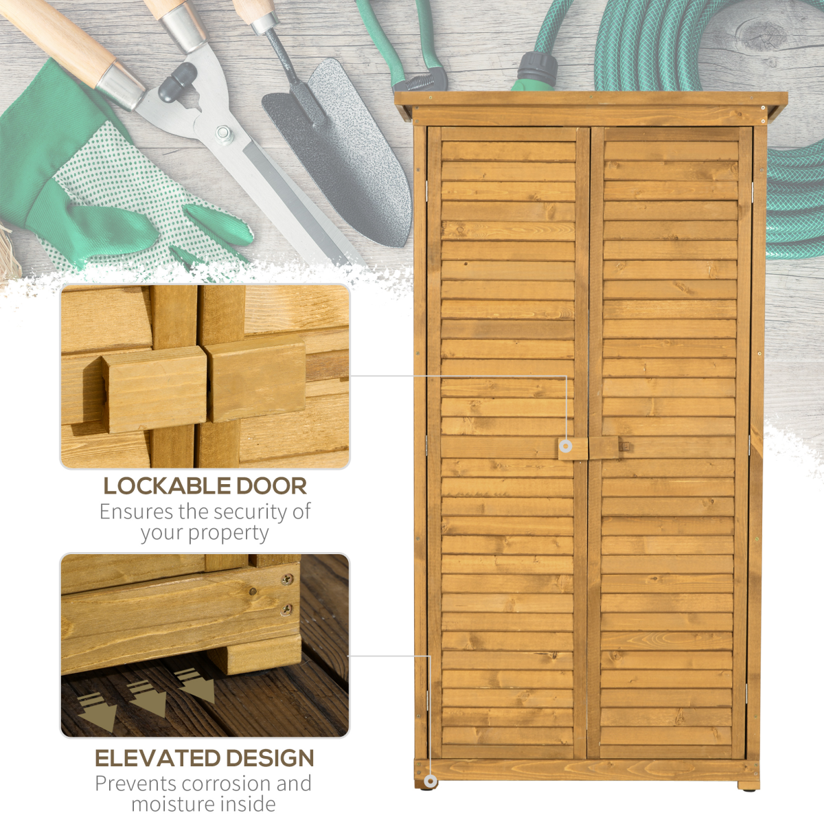 Outsunny Wooden Garden Storage Shed, Solid Fir Wood 3-Shelf Tool Cabinet with Double Doors and Lock