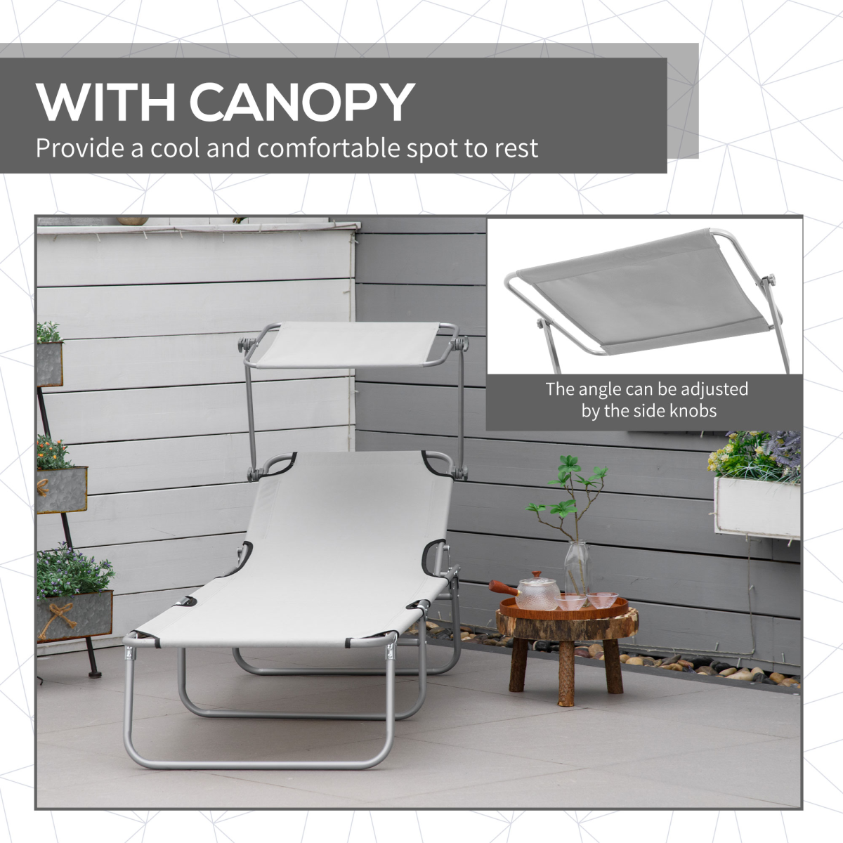 Outsunny Grey Folding Sun Lounger with Adjustable Canopy