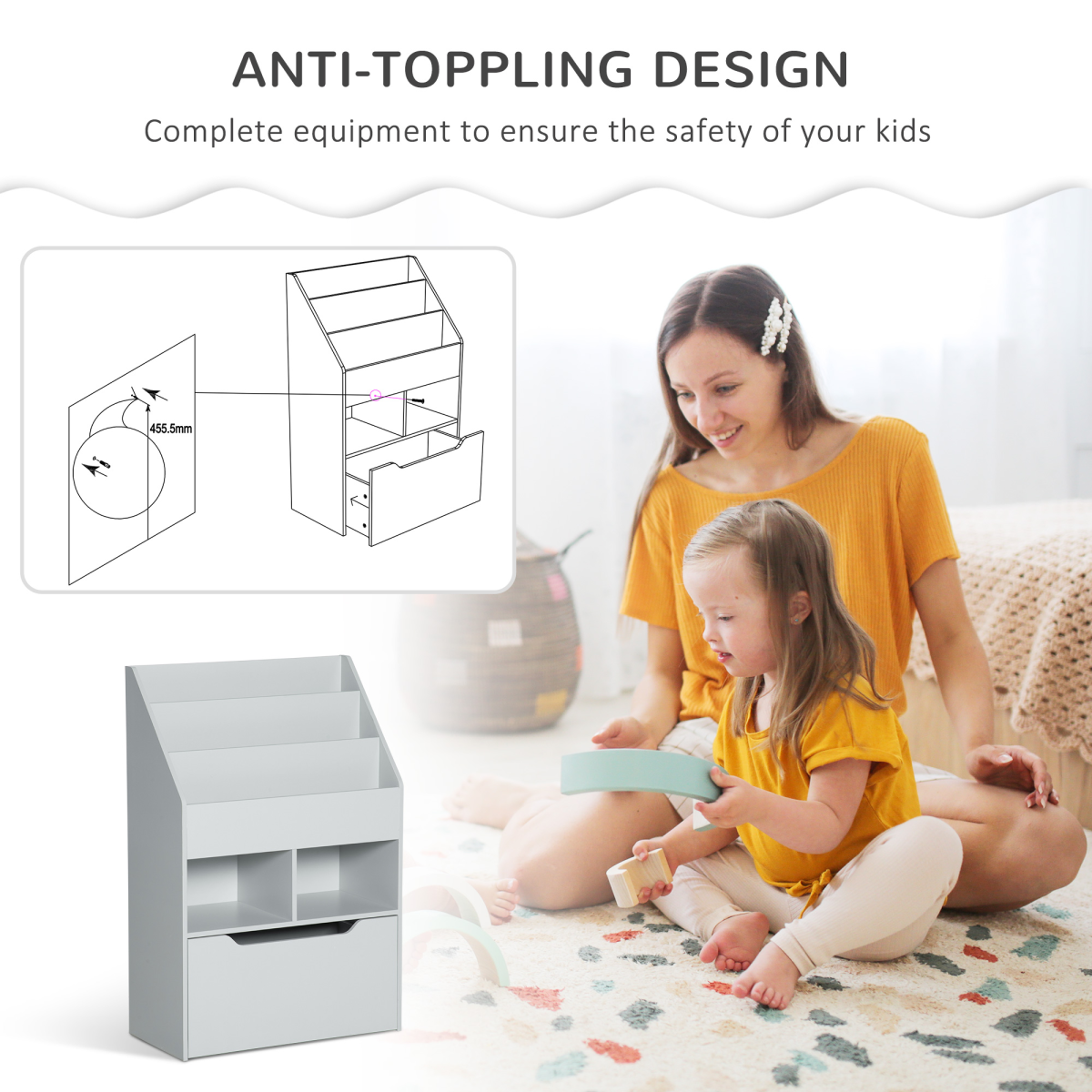 HOMCOM Kids Bookshelf with Toy Storage Drawer and Wheels, Grey