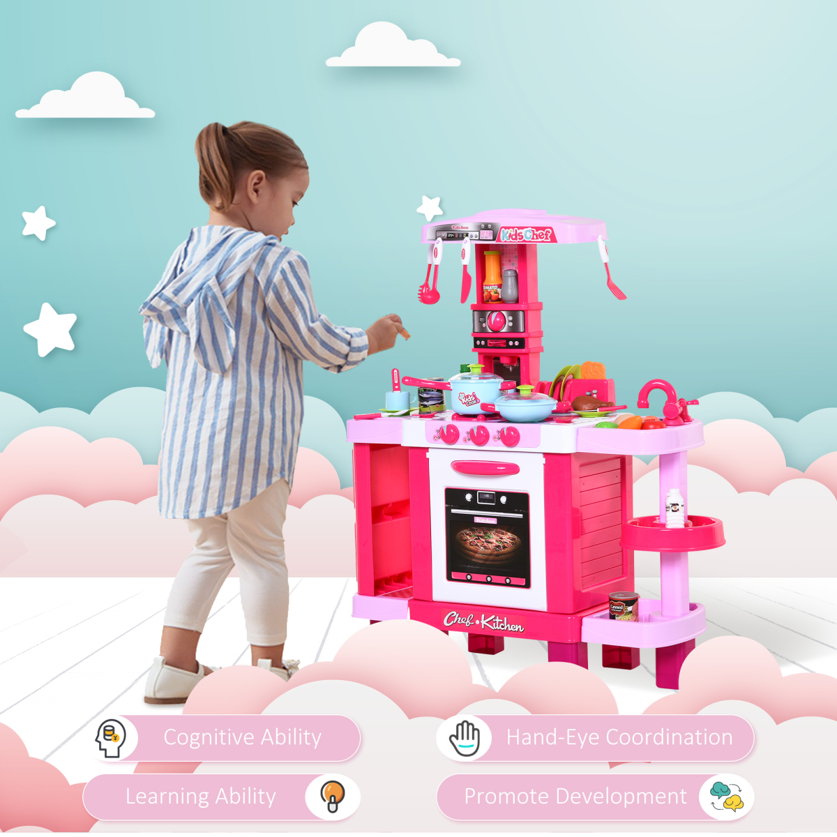 HOMCOM 38-Piece Children’s Kitchen Play Set with Realistic Sounds and Lights, Play Oven, Bread Maker, Sink, Utensils and Food Items