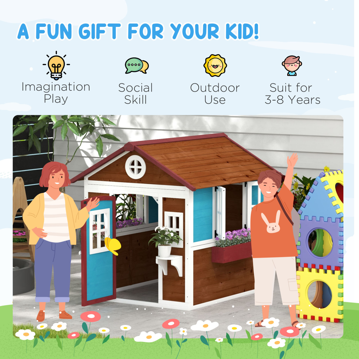 Outsunny Wooden Kids Playhouse with Doors, Windows & Plant Pots