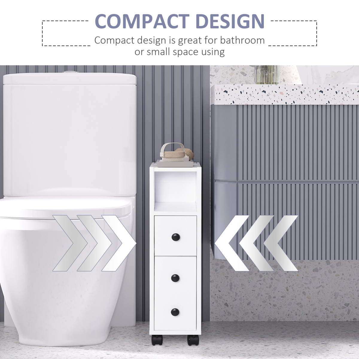 Slimline White Bathroom Storage Unit with 2 Drawers and Wheels