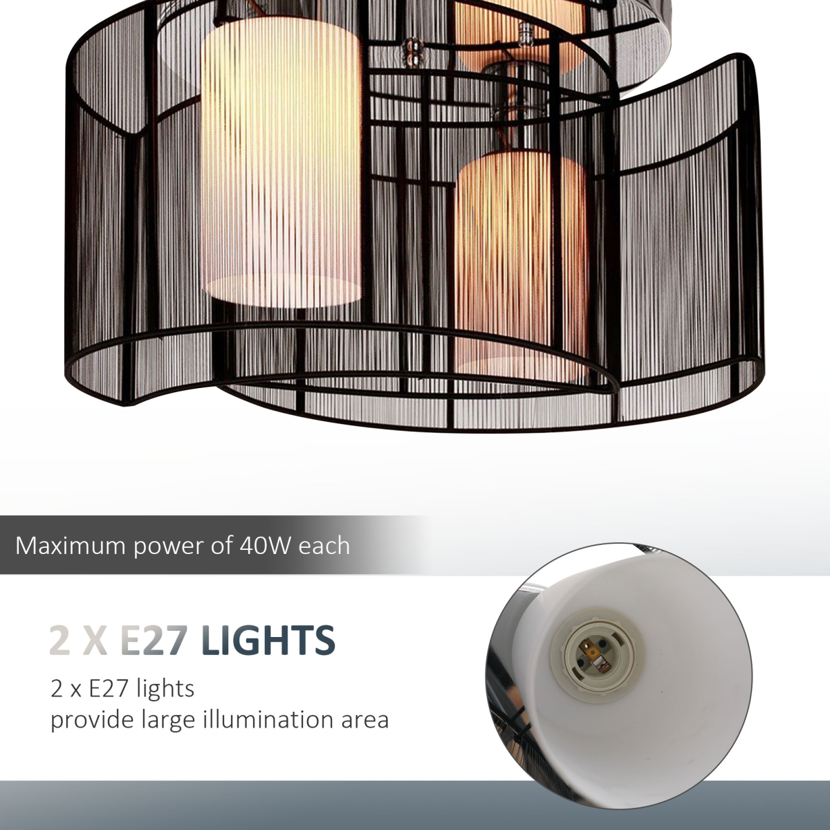 HOMCOM Chandelier, 40 x 25 cm, Chrome/Black Fabric, 2-Light Flush Mount, E27