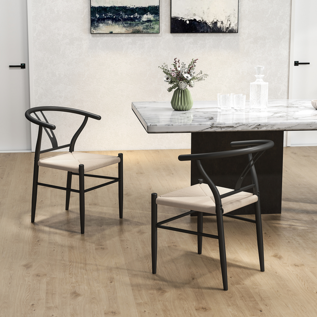 HOMCOM Set of 2 Dining Chairs, Hand-Woven Rope Seat, Black