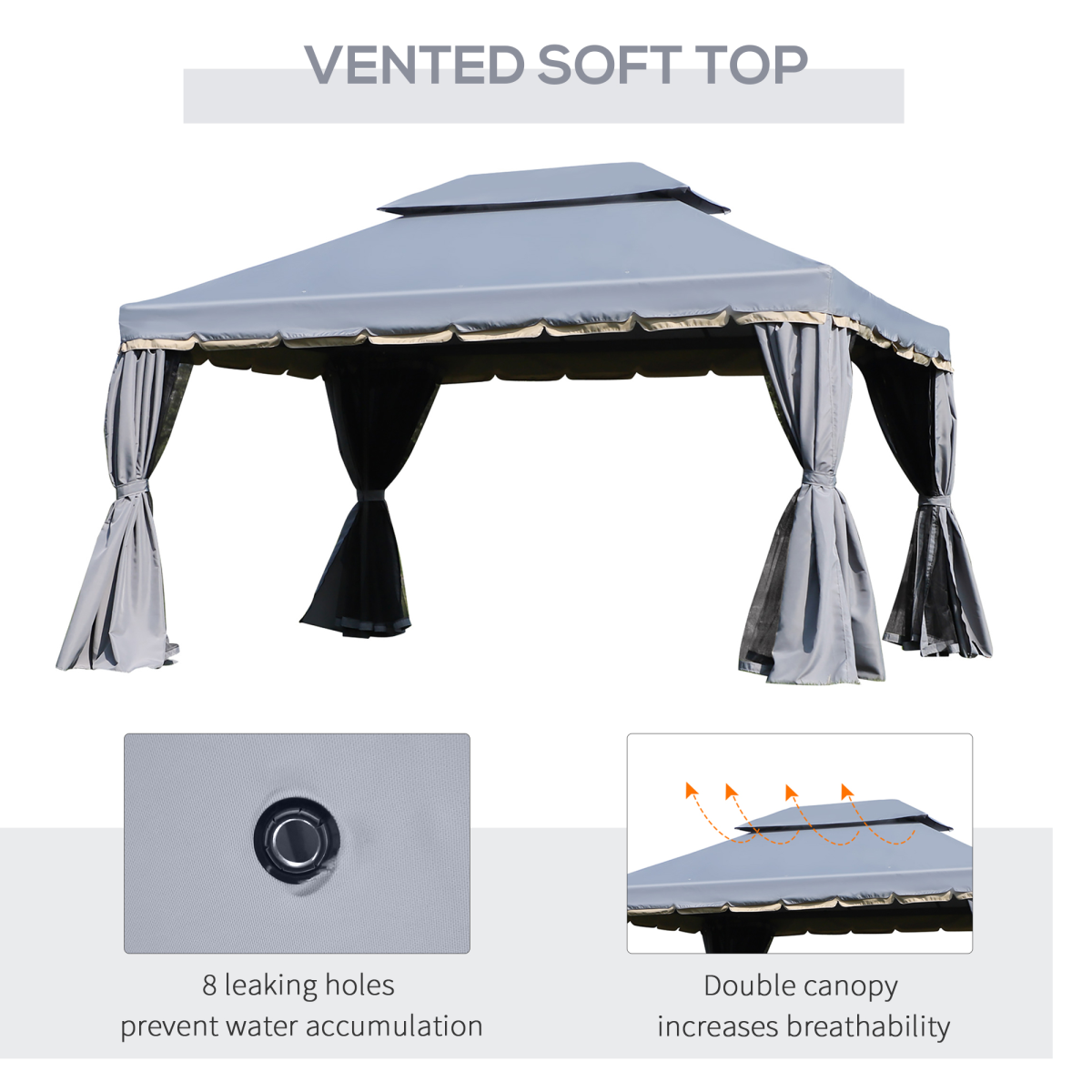 Outsunny 3 x 4m Aluminium Gazebo with 2-Tier Roof, Garden Nets and Sidewalls, Grey