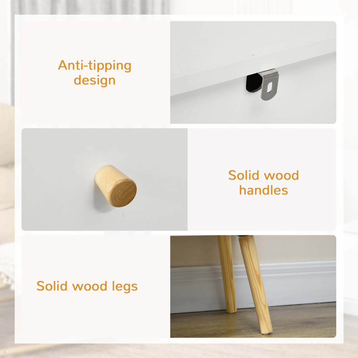 White 3-Drawer Chest of Drawers with Wood Legs