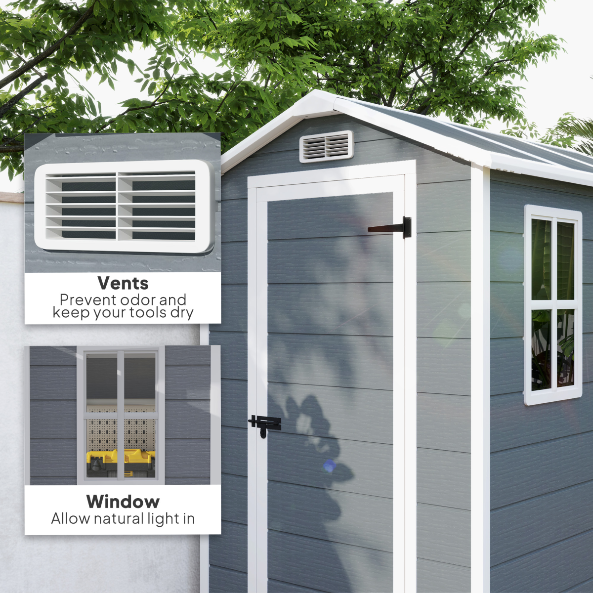 Outsunny Grey Weather-Resistant Tool Shed with Floor, Window, Vents and Lockable Latch