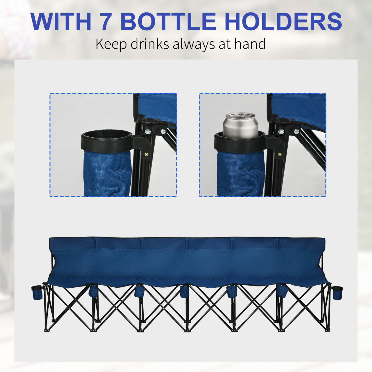 Outsunny 6-Seat Folding Bench Multi Deck Chair with Cup Holders, Folding Steel Frame, Blue