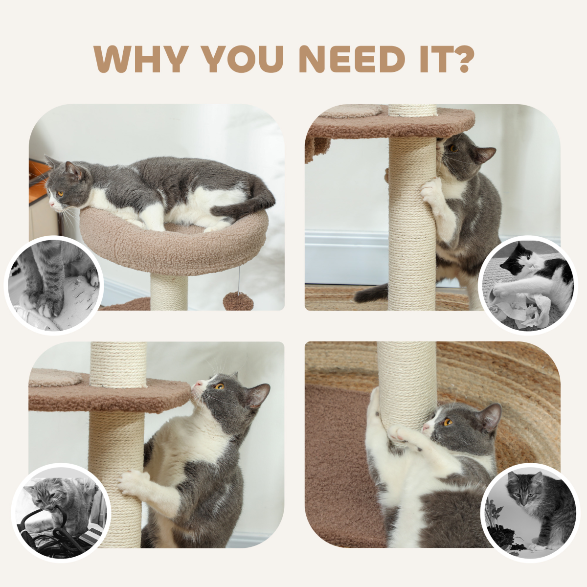 PawHut 88cm Indoor Cat Tree with Scratching Post & Cat House, Brown