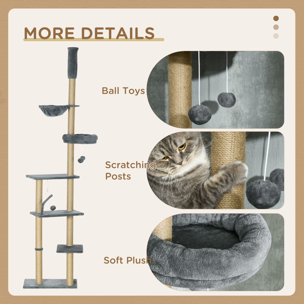 PawHut 6-Tier Floor-to-Ceiling Cat Tree with Bed, Hammock, Grey