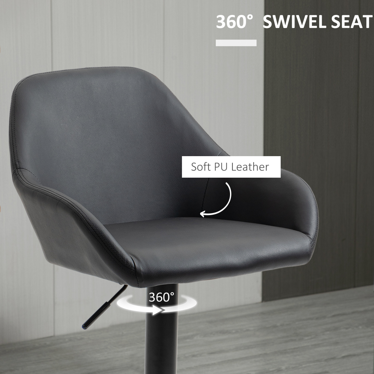 HOMCOM Set of 2 Adjustable Swivel Bar Stools with Backrest and Footrest, PU Leather, Black