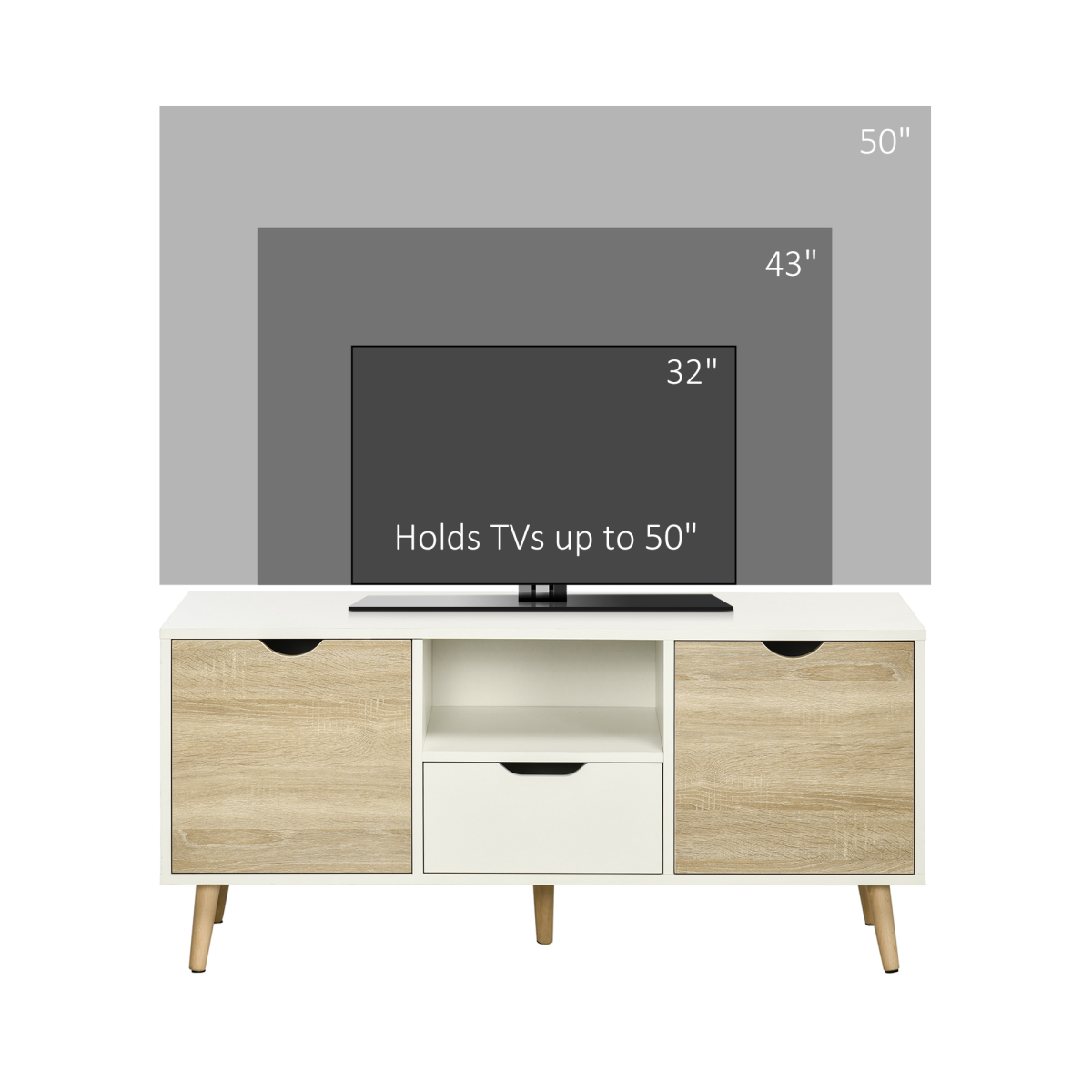 Modern TV Unit Cabinet Stand for TVs up to 50in with Open Shelf, Drawer and 2 Cupboards