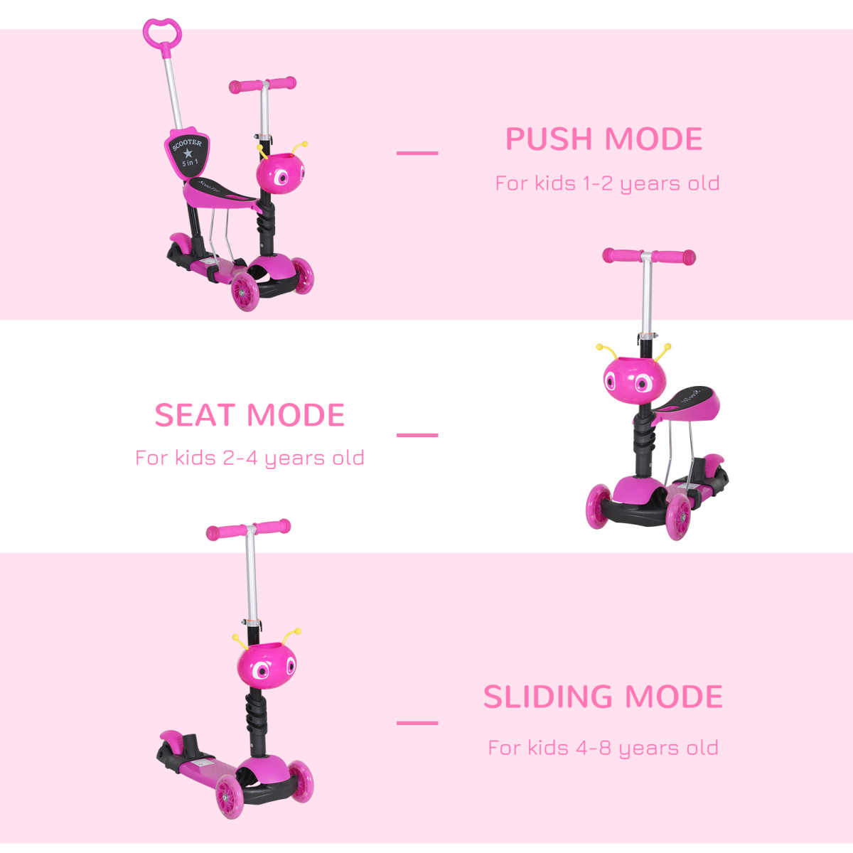 HOMCOM 5-in-1 Kids Toddler Scooter with Removable Seat, Adjustable Handle