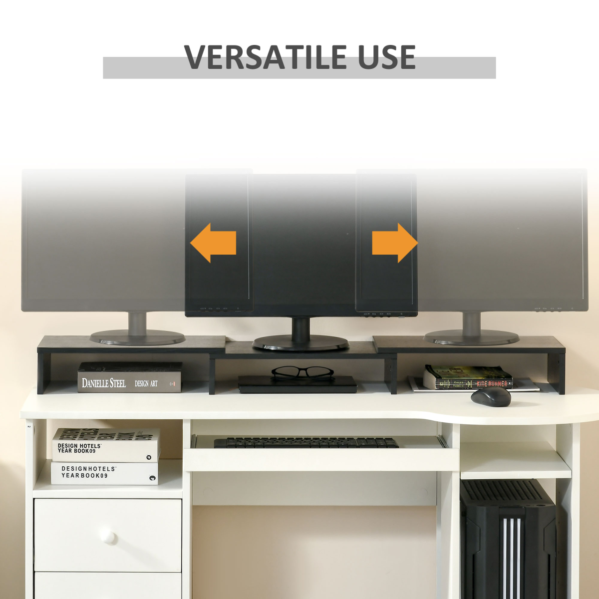 Adjustable Monitor Stand Riser with Extendable Length and Three-Part Storage, 80-117cm, MDF