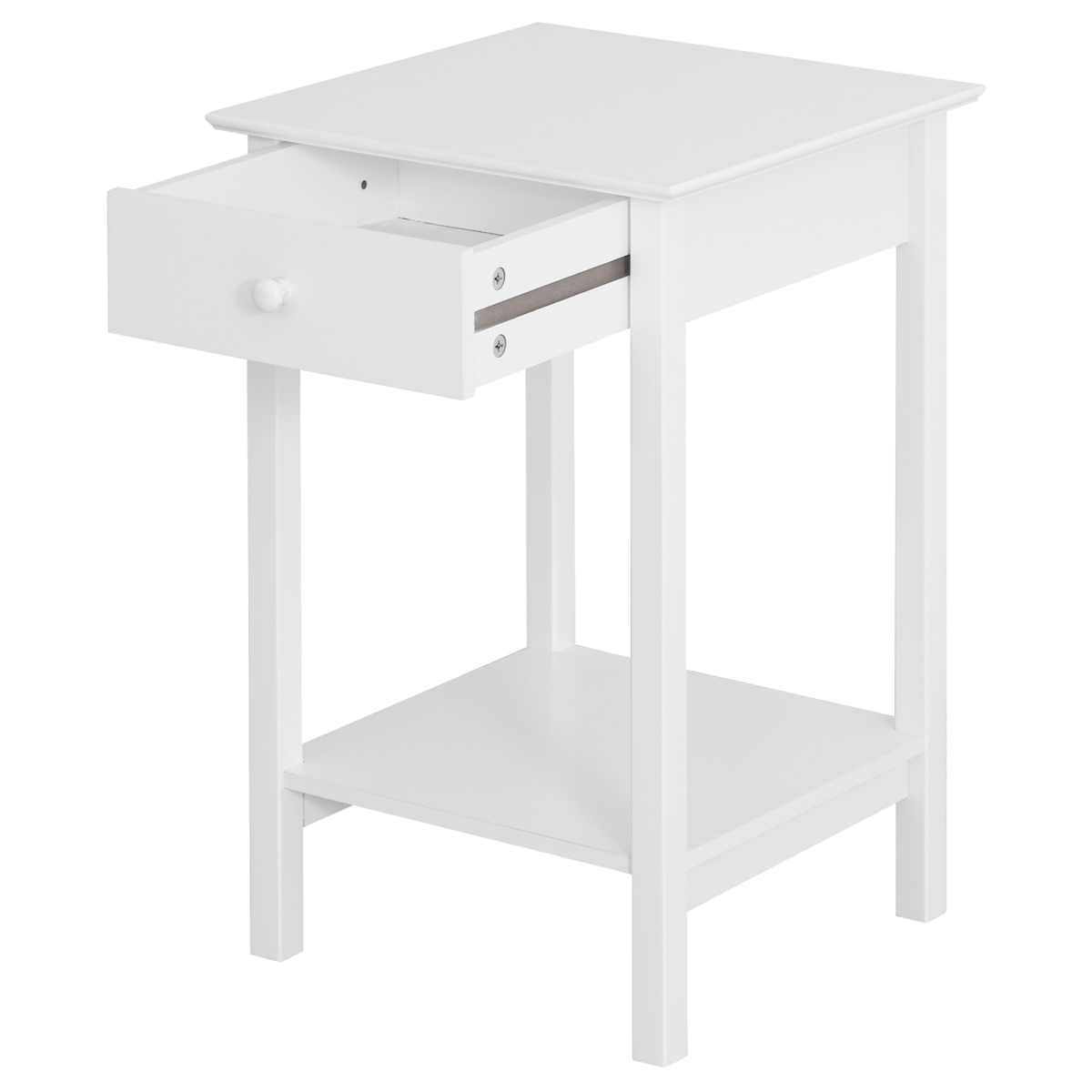 White Wooden Bedside Table with Drawer and Shelf Storage