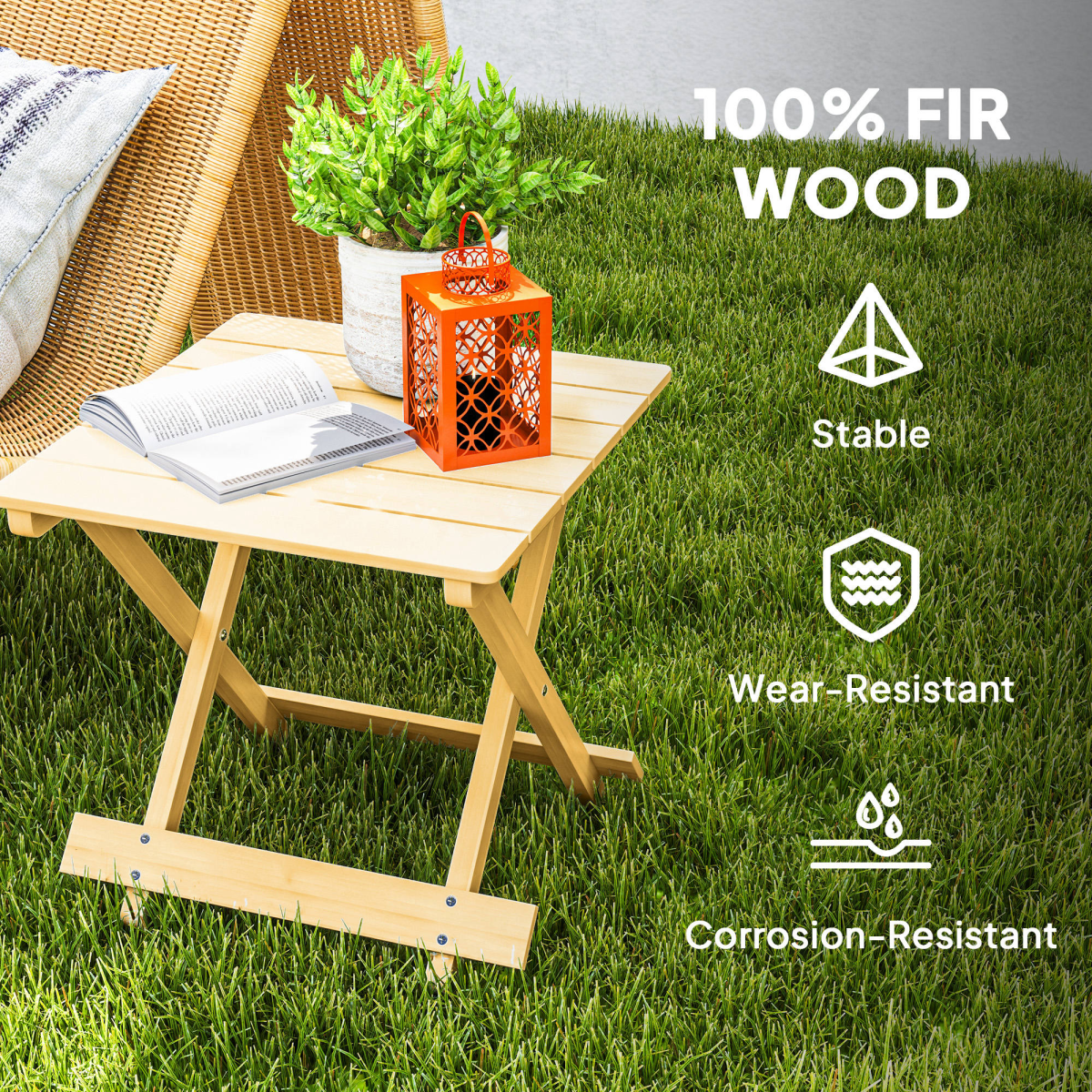 Outsunny Folding Fir Wood Garden Side Table, Nature Wood Finish