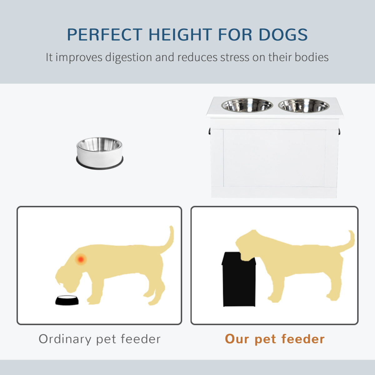 Elevated Dog Bowls with Storage Function, Stainless Steel Bowls, Raised Pet Feeder for Large Dogs, PawHut