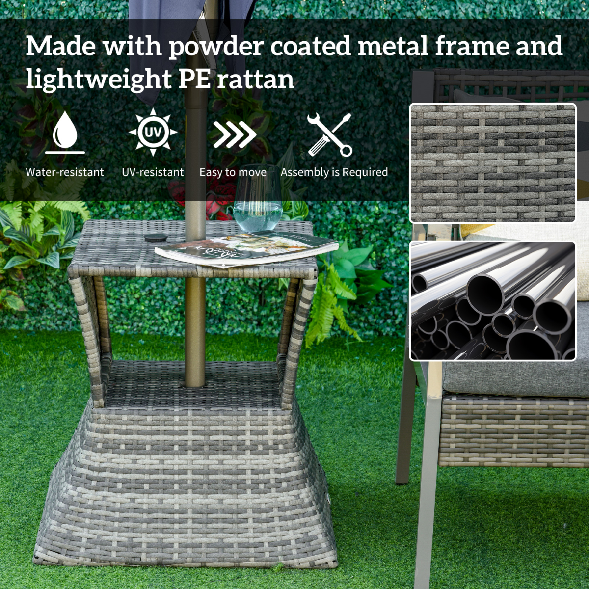 Outsunny Grey Rattan Coffee Table with Umbrella Hole & Storage Shelf