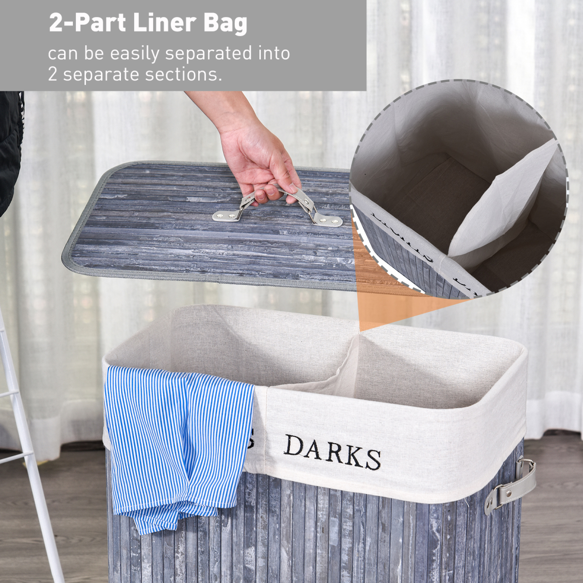 HOMCOM Bamboo Laundry Hamper, Large Double Section, Removable Washable Lining, PU Handles