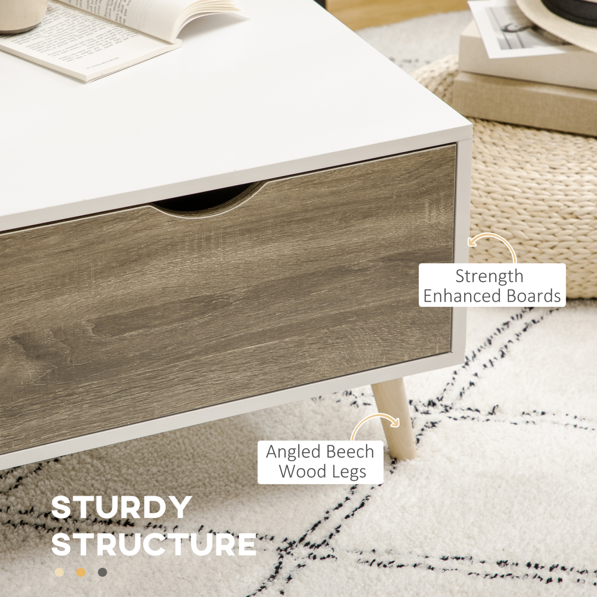 Modern White Coffee Table with Storage Shelves and 2 Drawers