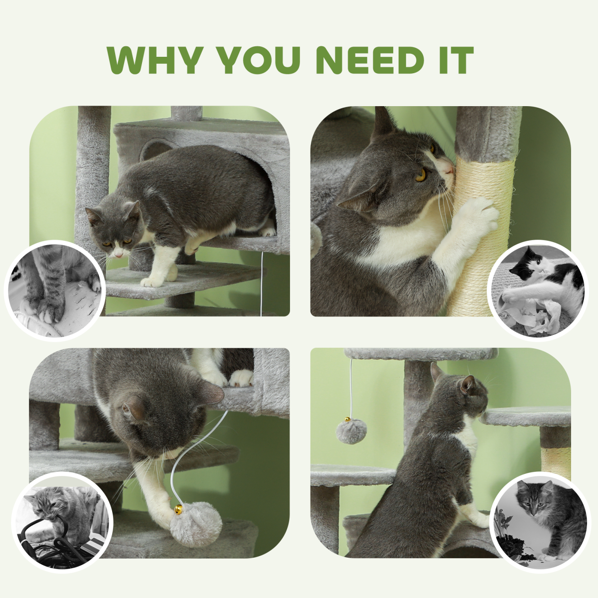 PawHut 138cm Cat Tree with Condos, Bed and Scratching Posts, Light Grey