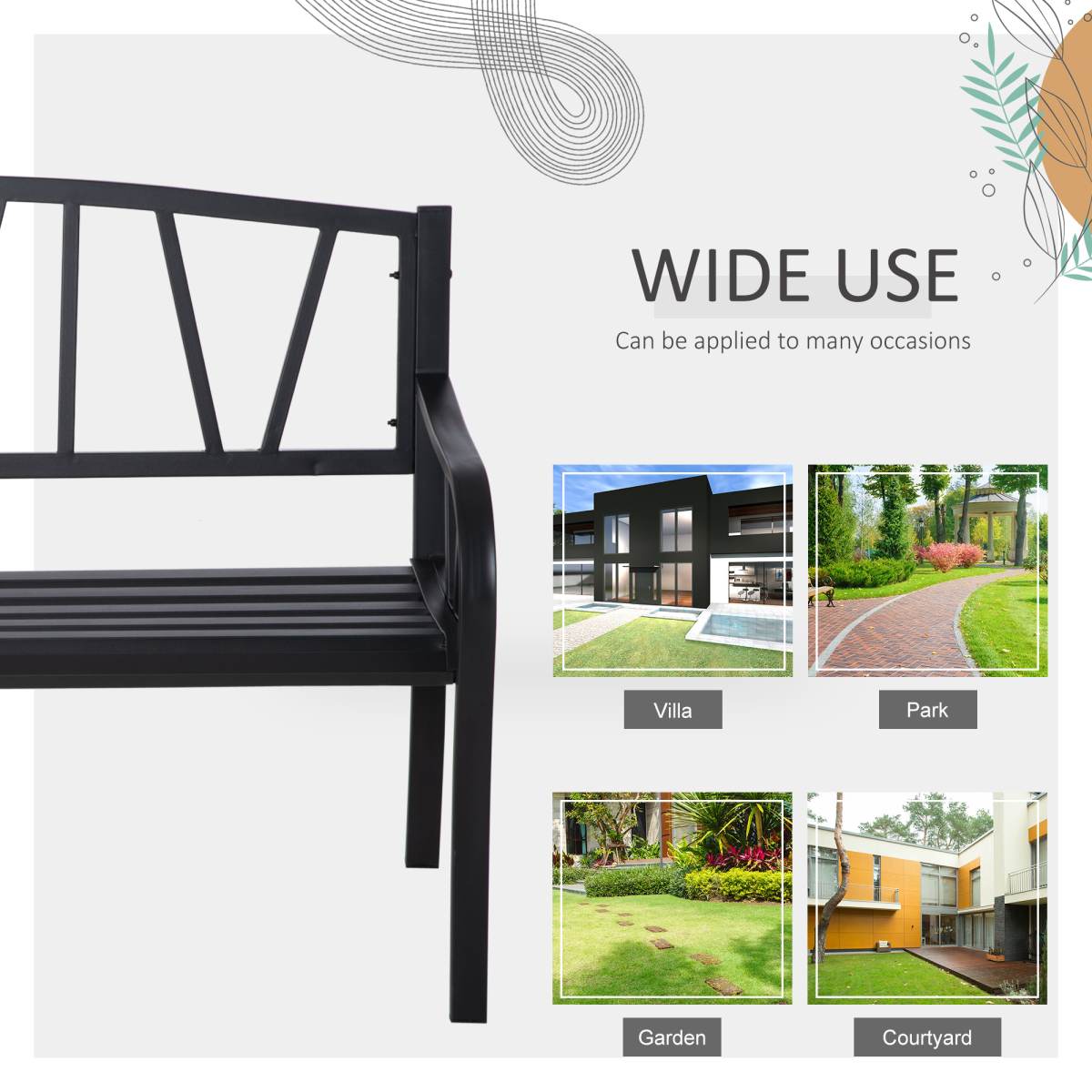 Outsunny 2-Seater Metal Garden Bench Loveseat with Decorative Backrest, Curved Armrests, Slatted Seat, Outdoor Patio Bench