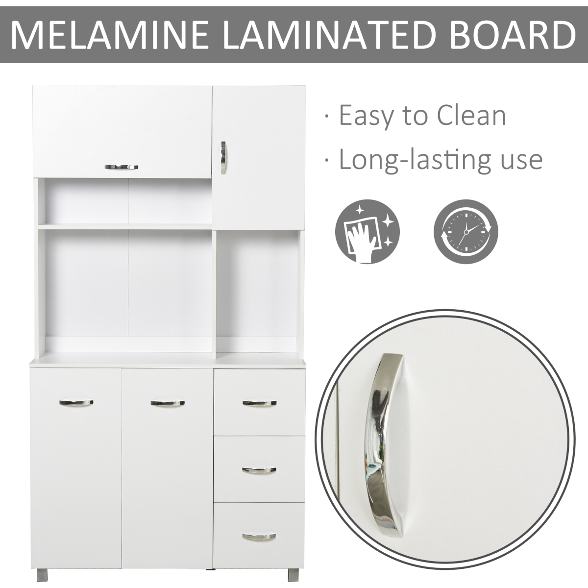 Freestanding White Kitchen Storage Cabinet with Drawers & Cupboards