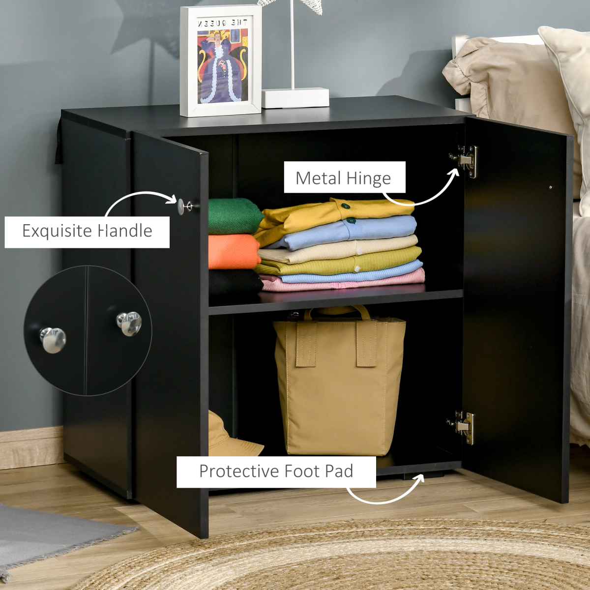 HOMCOM Freestanding Storage Cabinet with Two Shelves, Wooden Sideboard, Black