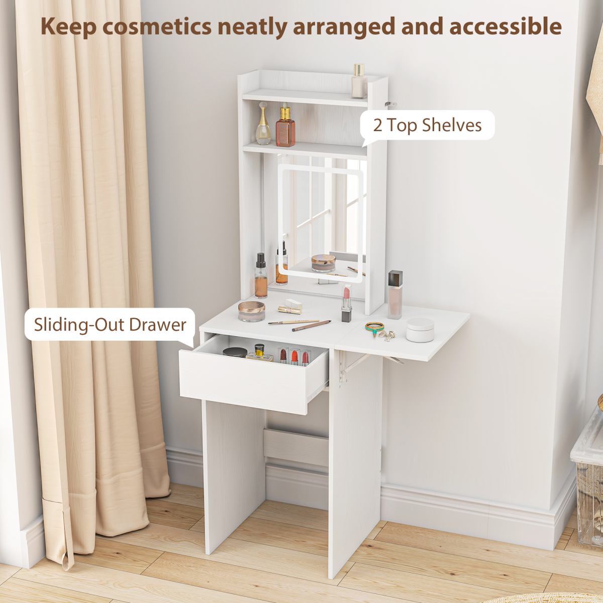 HOMCOM Compact Dressing Table with LED Mirror, Shelves and Drawer, White