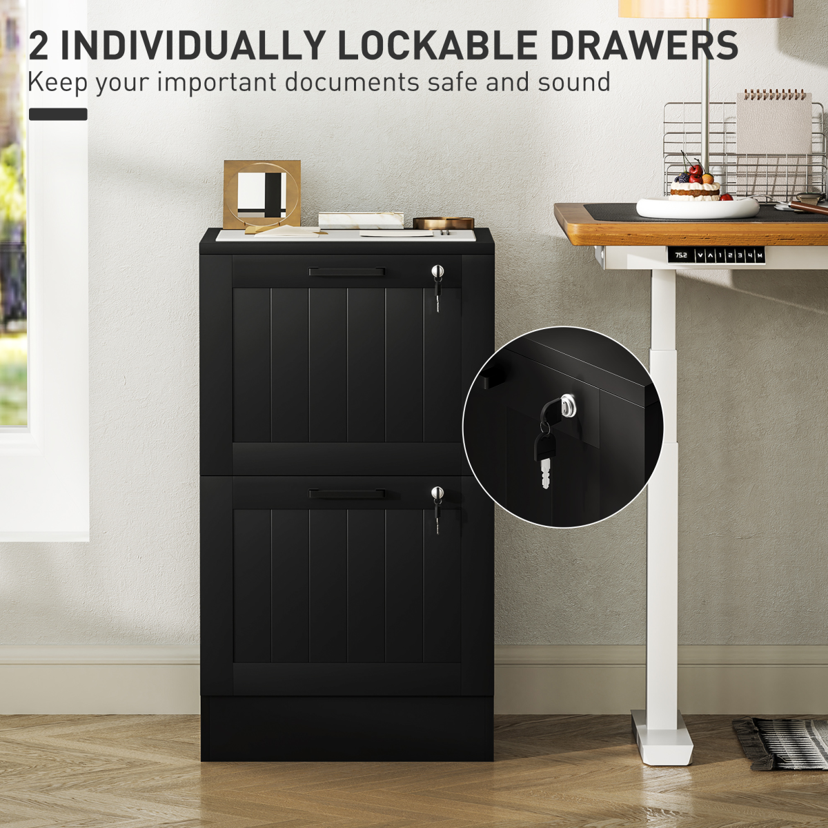 HOMCOM 2-Drawer Locking File Cabinet with Adjustable Hanging Bars, Black