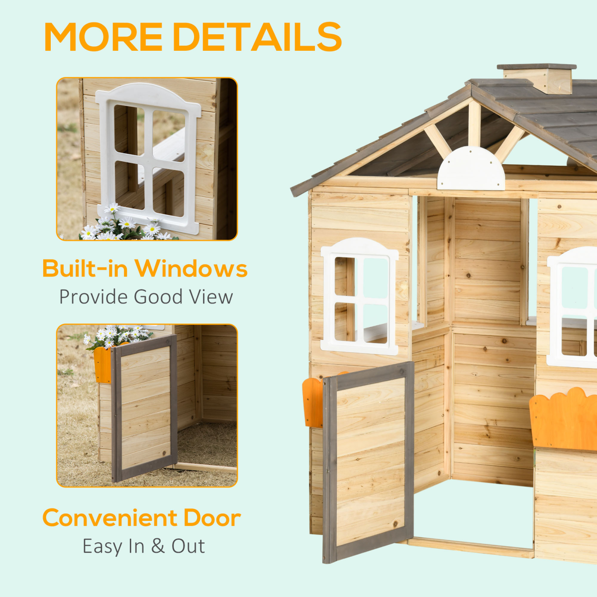 Outsunny Wooden Kids Outdoor Playhouse with Door, 2 Windows, Bench, Windowsill and Flowerpot Holders, Ages 3-7 Years