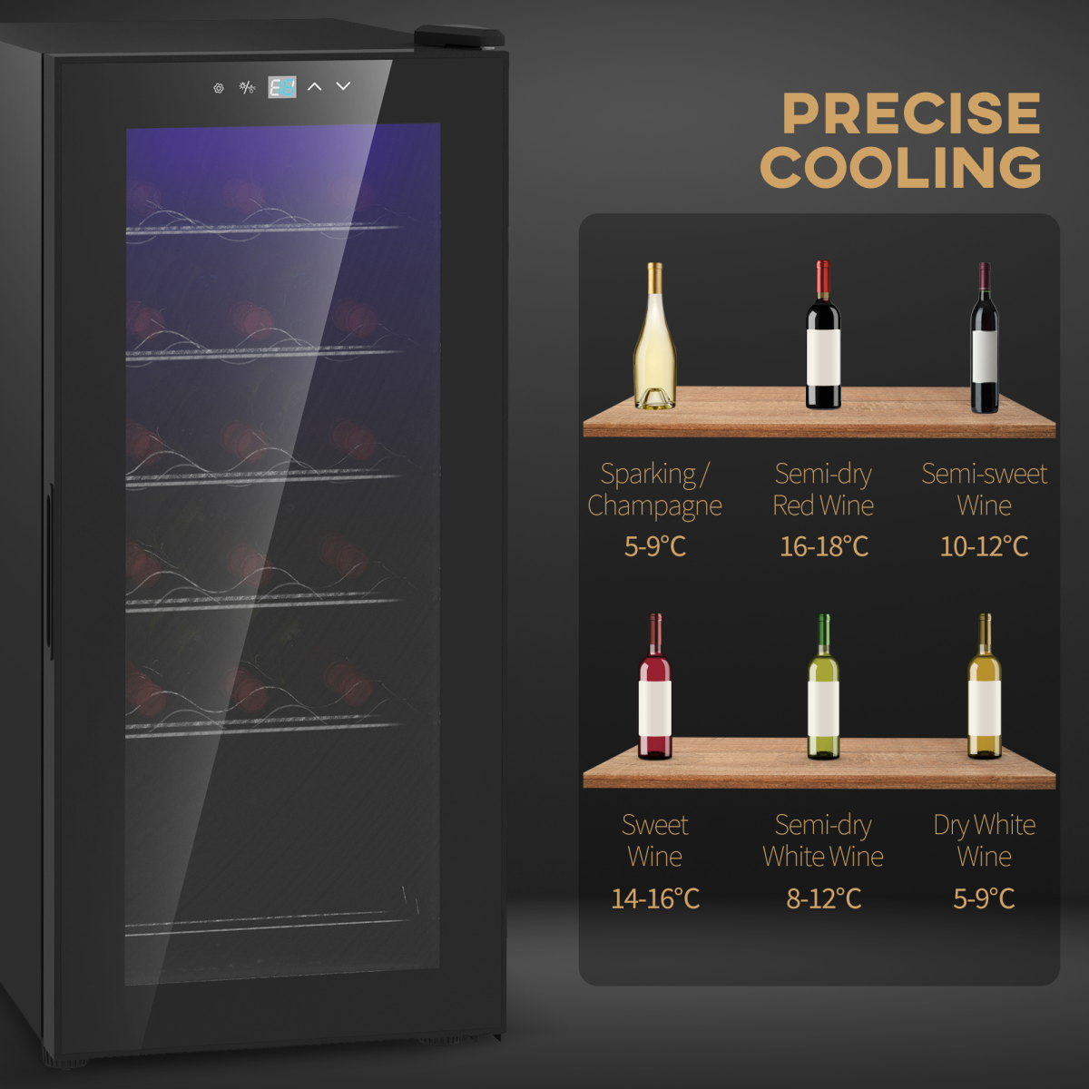 HOMCOM 50L Under Counter Wine Cooler Fridge, 18 Bottle, LED Light, Glass Door