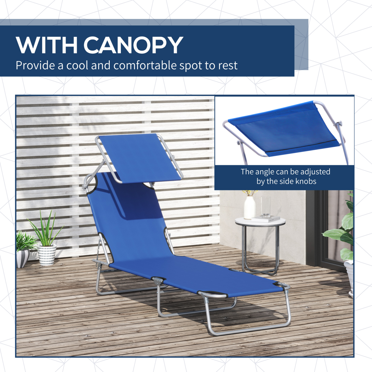 Outsunny Folding Reclining Beach Lounger Chair with Adjustable Back and Removable Sun Visor, Blue