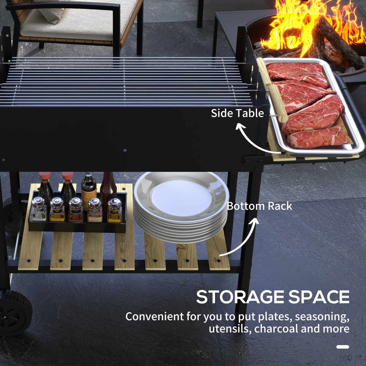 Outsunny Charcoal BBQ Grill with Side Table, Storage Shelf & Wheels