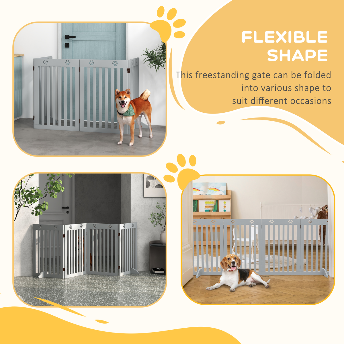 PawHut Foldable Freestanding Dog Gate with Support Feet, Grey