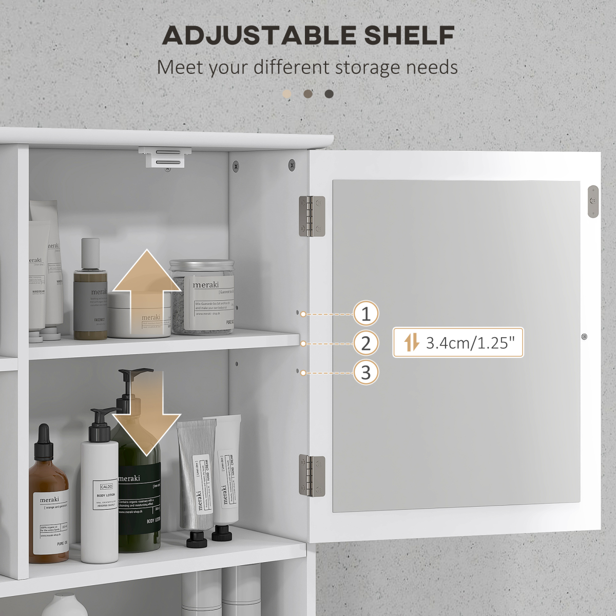 kleankin Wall-Mounted Bathroom Mirror Cabinet, Single Door Storage Cabinet with Adjustable Shelf and 3 Open Shelves, MDF, Water-Resistant Painted Surface