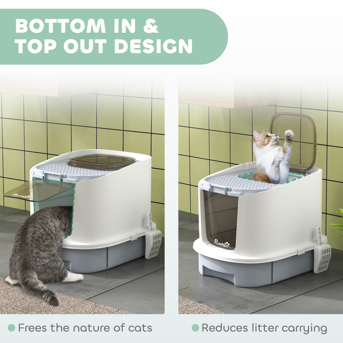 PawHut Hooded Cat Litter Box with Lid, Scoop and Drawer, Grey