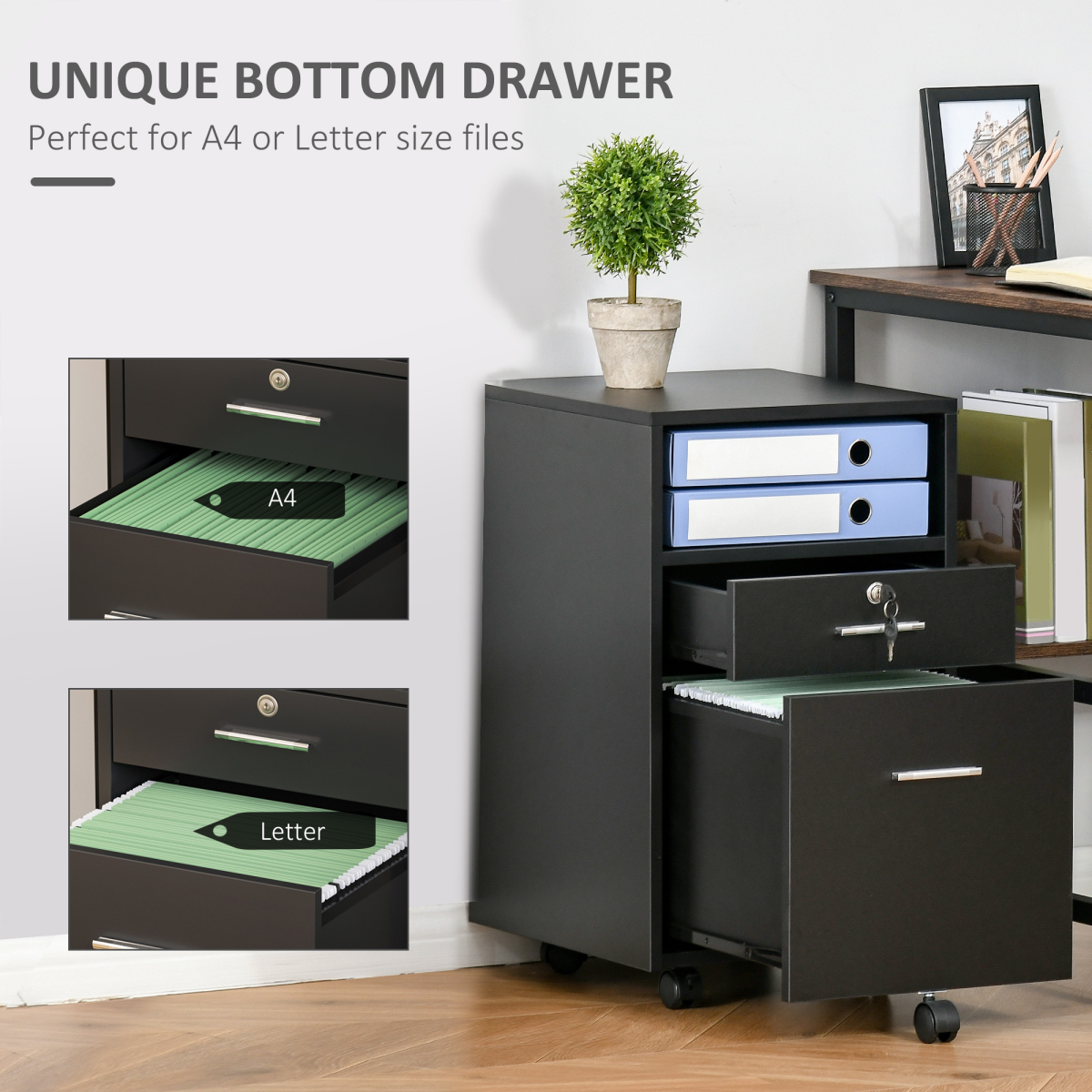 Mobile Lockable File Cabinet with 5 Wheels, Small Drawer and Open Shelf, Black